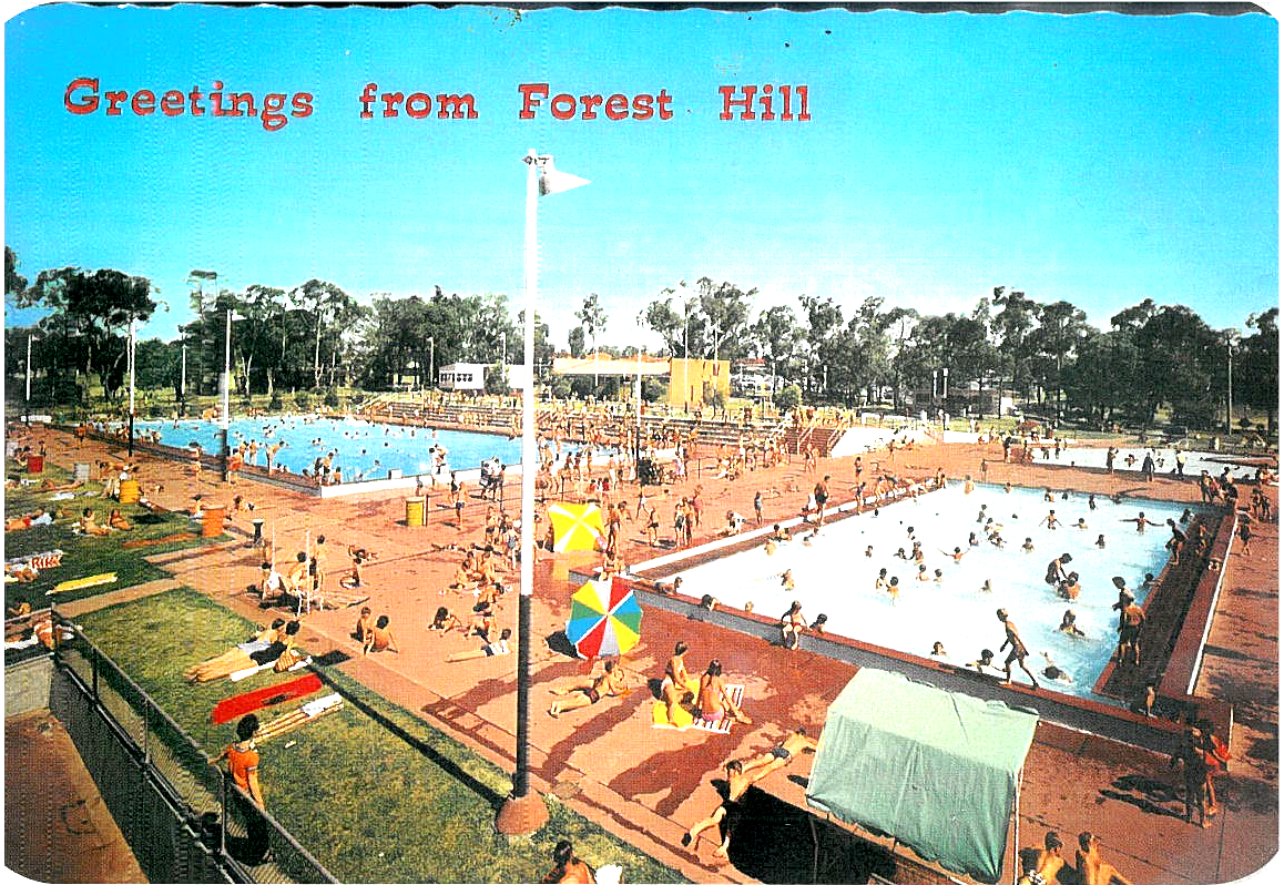 Old Postcard Image of Aqualin Nunawading in 1959 with text overlay 'Greetings from Forest Hill'