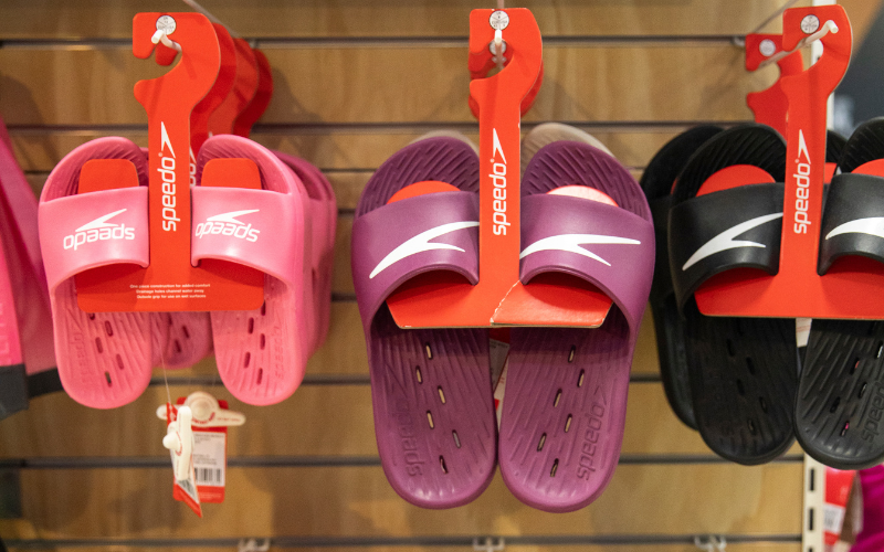 Speedo branded Slide on Shoes displayed with range of colours and sizes