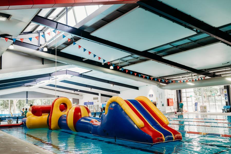 Image of the Large Inflatable set up in the 50m pool at Aqualink Nunawading