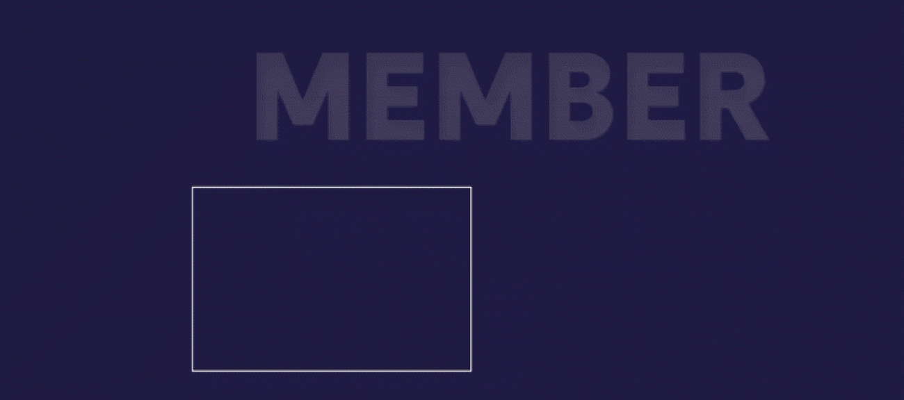 Member Mayhem moving text. The May in mayhem is framed with a square, the text moves around the screen landing on the right hand side, where an image appears on the screen of a member in a group fitness class.