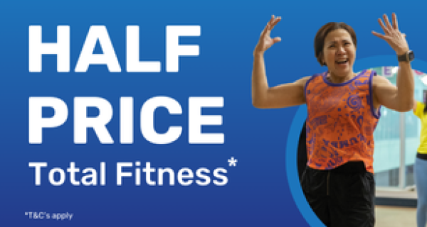 "Half Price Total fitness" text with a picture of a women jumping