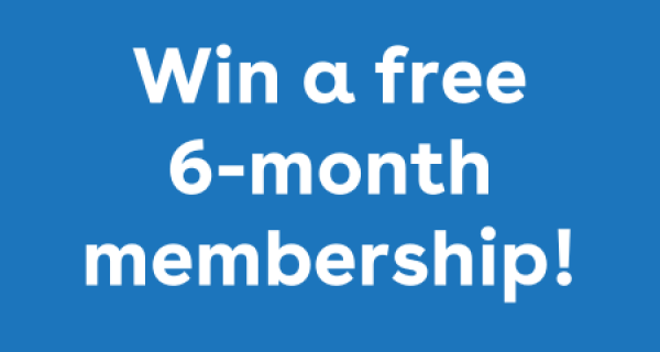 Blue background with white text 'Win a free 6-month membership!'