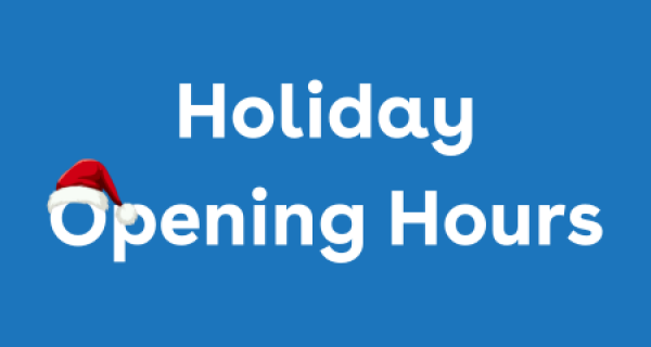 Bold White text that reads 'Holiday opening Hours' on a blue background. The O in 'opening' is wearing a Santa hat