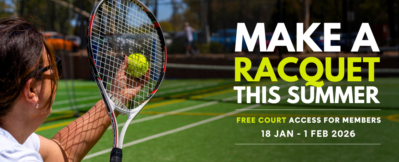 Picture of tennis courts, with a women facing away from the camera, holding a tennis racquet up about to serve. Text overlay 'Make a Racquet this Summer' 'Free Court Access for Aqualink Members' 