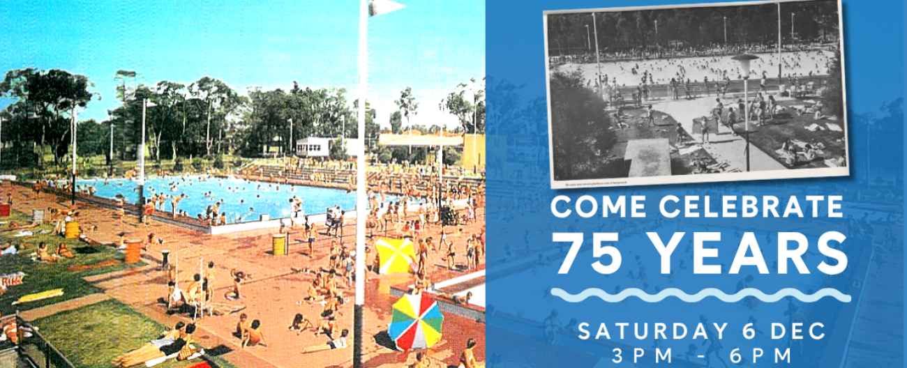 Old Postcard Image of Aqualin Nunawading with text overlay 'Come and Celebrate 75 Years;
