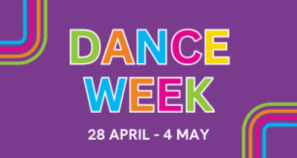 Purple background with bright coloured text saying DANCE WEEK