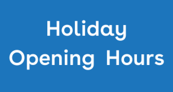 HBlue background with white text saying: Holiday Opening Hours